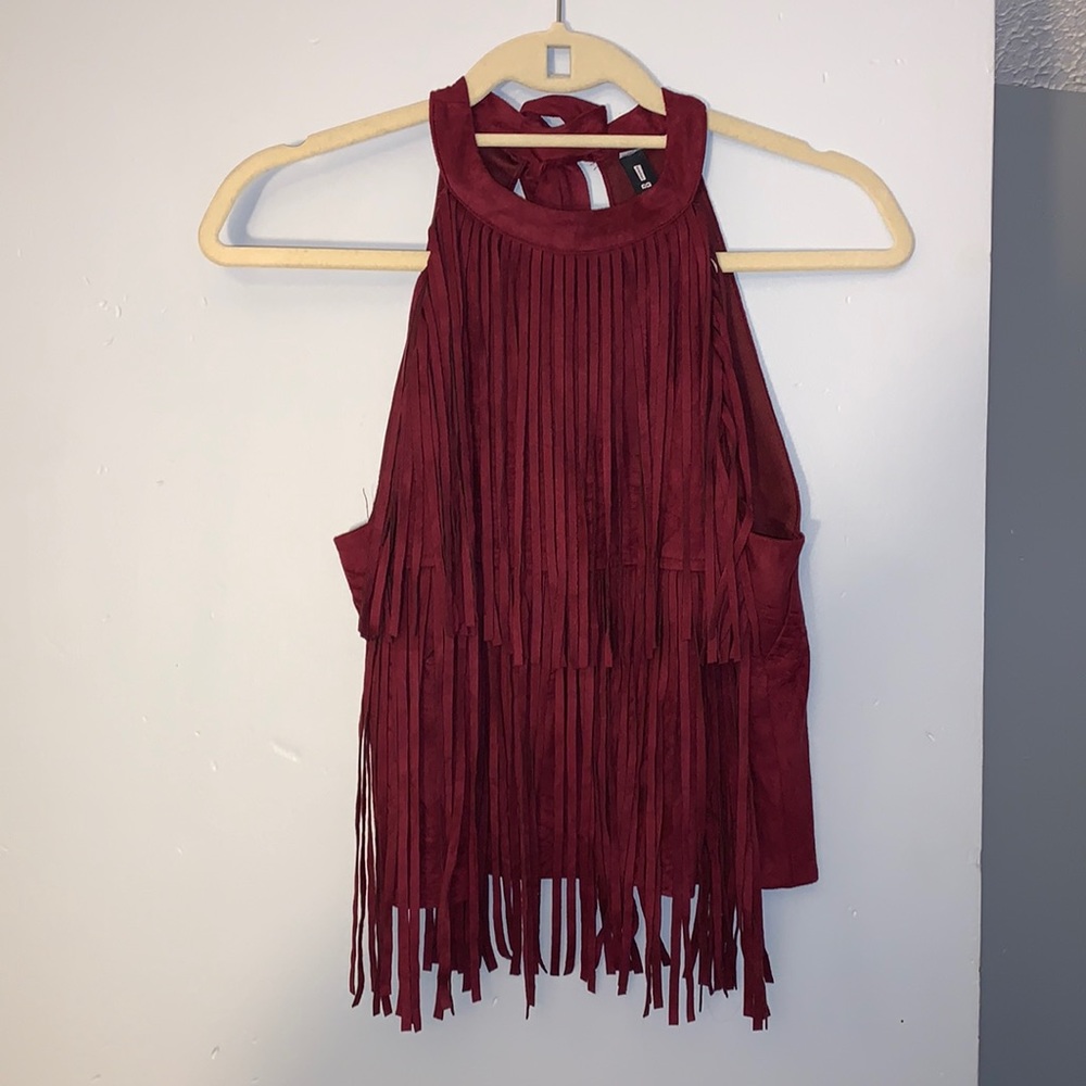 Design Lab Maroon Suede Fringe Boho Western Tank